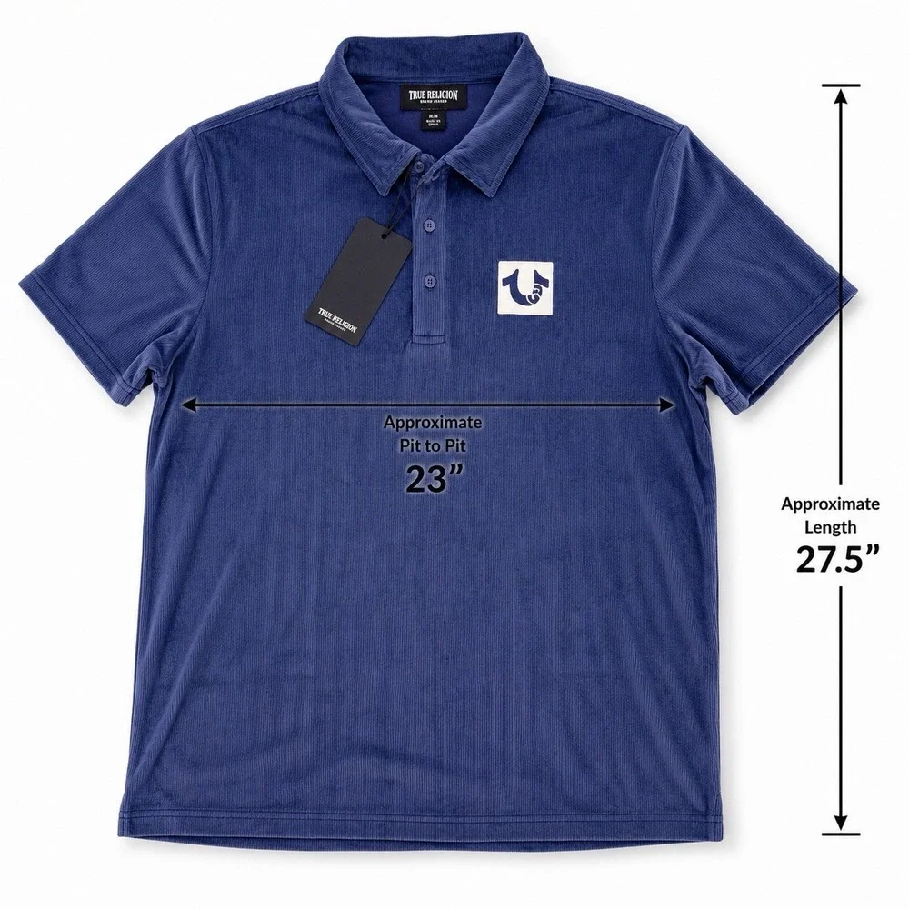 True Religion SS Velour Polo Shirt NWT Blue Men's Medium Short Sleeve